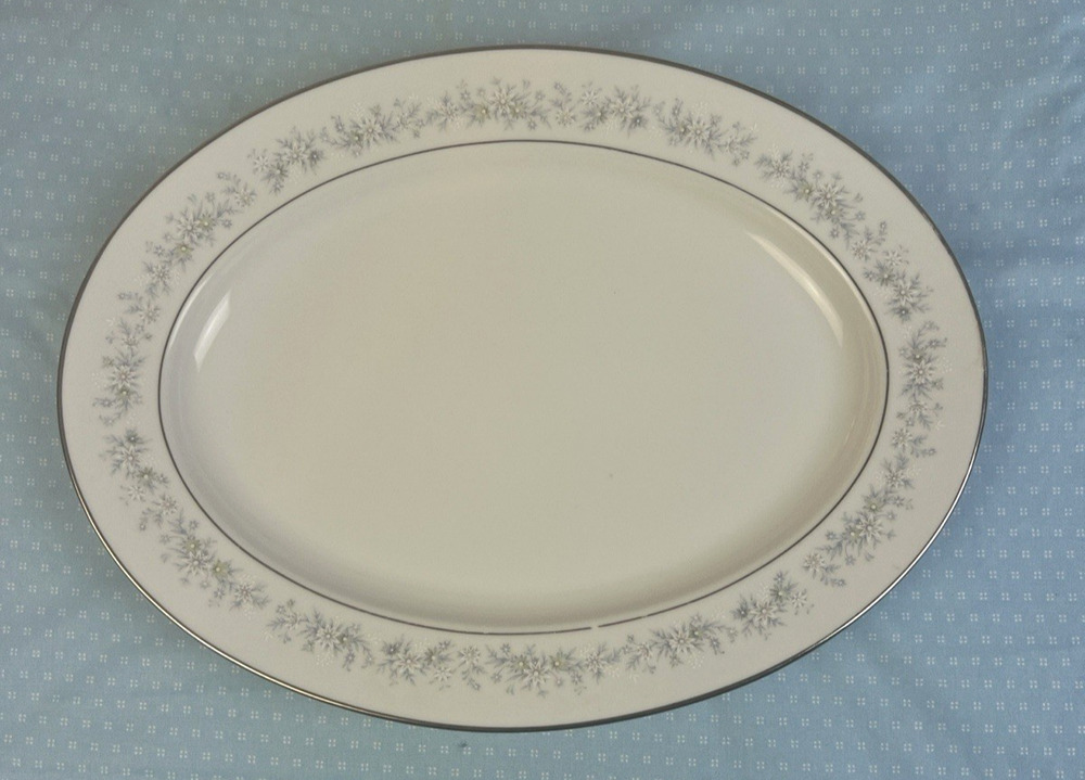 Noritake Merrywood China 13" Oval Serving Platter White Blue Silver Floral